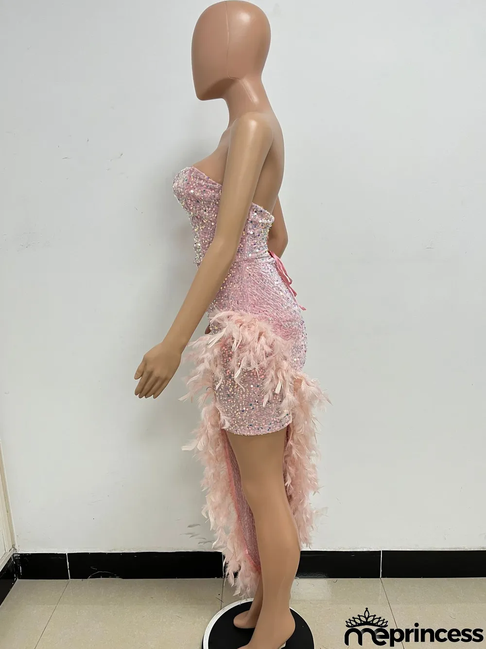 Women Sexy Off Shoulder Backless Sequin Feather Dress