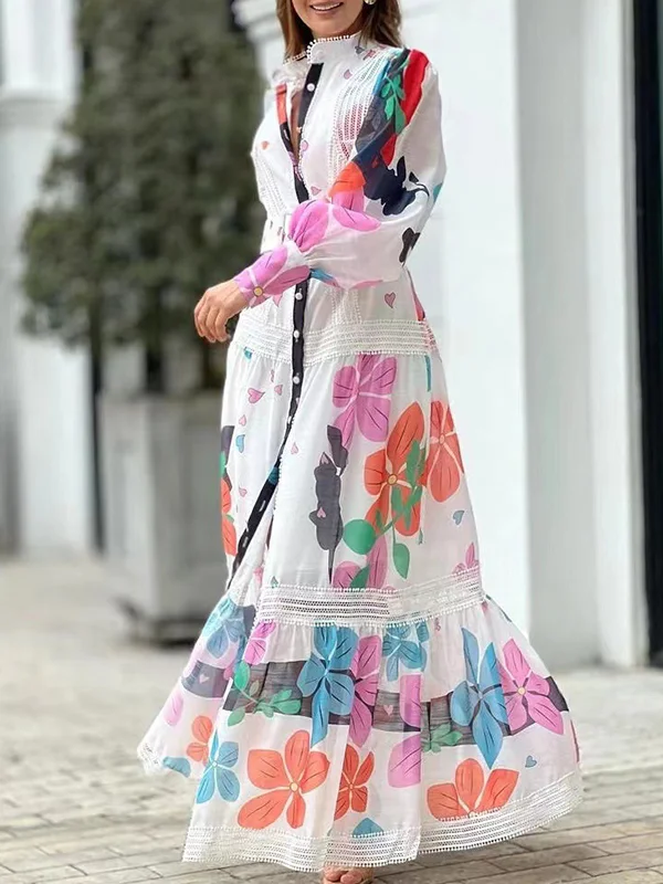 Long Sleeves Belted Buckle Flower Print Lace-Up Split-Joint High-Neck Maxi Dresses