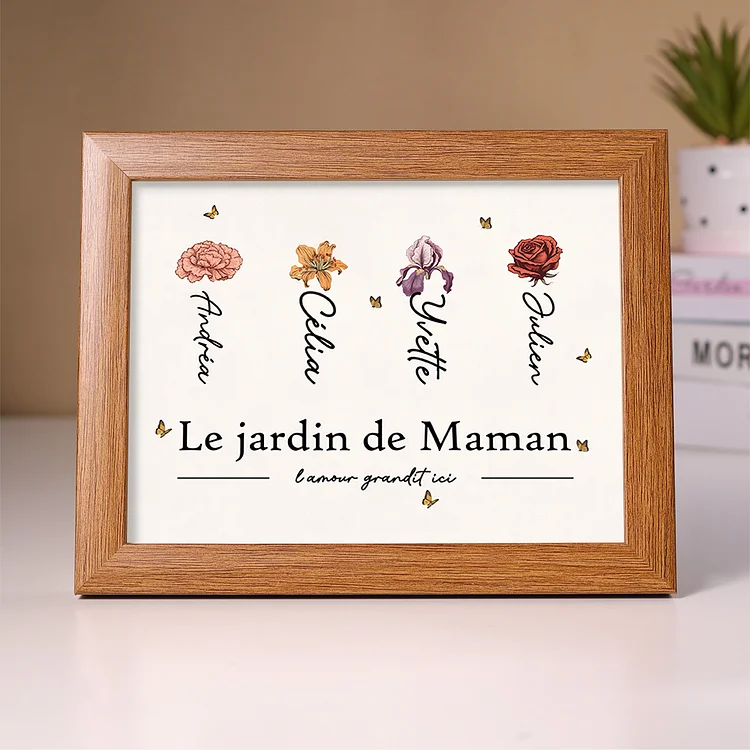 Cadre Photo Jardin de Maman 1-12 Prénoms et 1 Texte Personnalisés avec Fleur de Naissance Jessemade FR