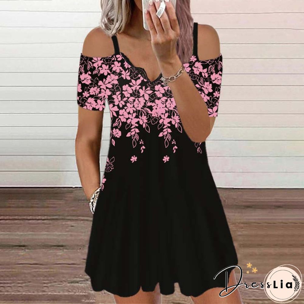 Womens Dress Summer New Fashion Lace V-neck Flower Printed Sexy Casual Short Sleeve