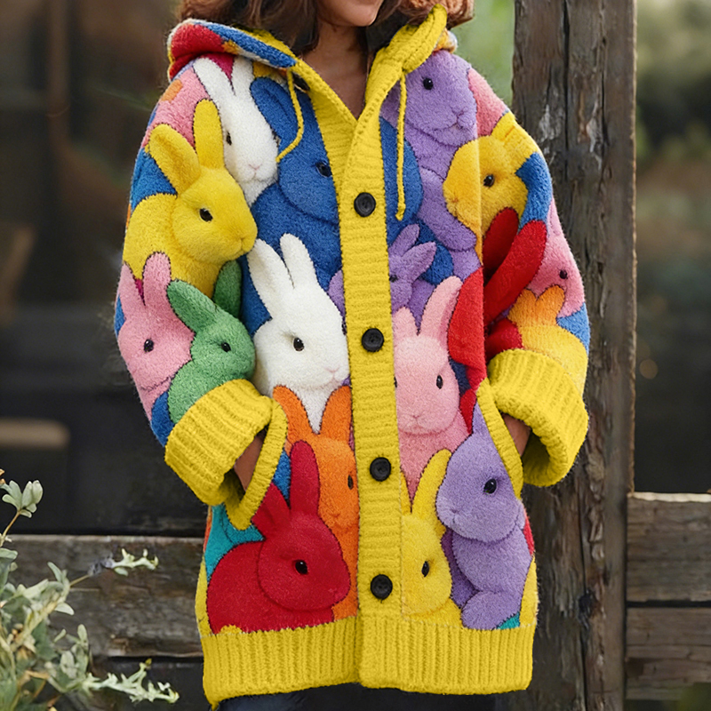 Women's Cute Animal Rabbit Pattern Hooded Comfort Cardigan wearshes