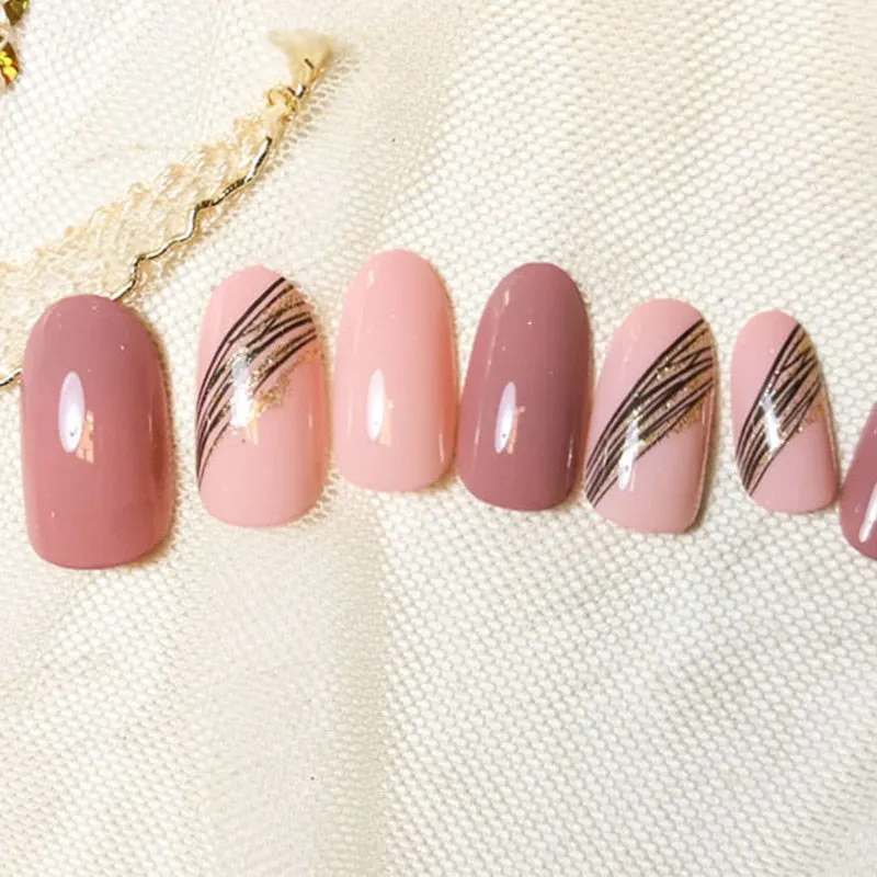24pcs false press on nails pink color oval head Mid-length Wear  Finished product wearable full cover fake nail tips for girls-Nail Inspo