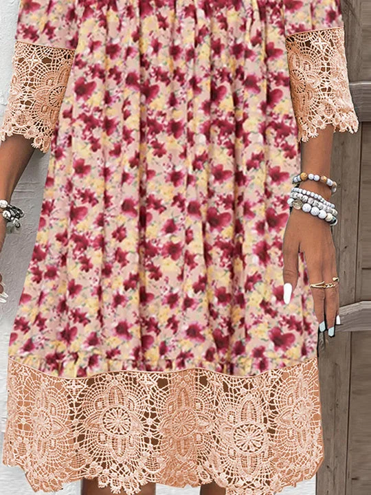 Women's 3/4 Sleeve V-neck Graphic Lace Midi Dress