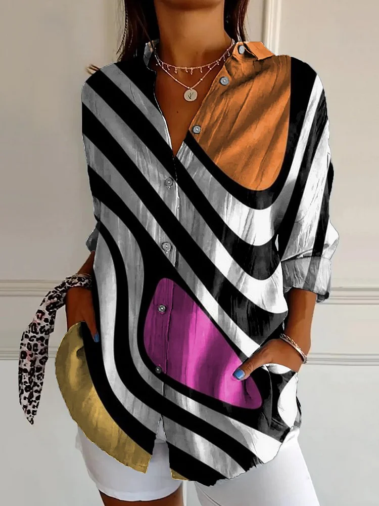 Women's Colorful Irregular Abstract Geometry Print Casual Cotton Shirt