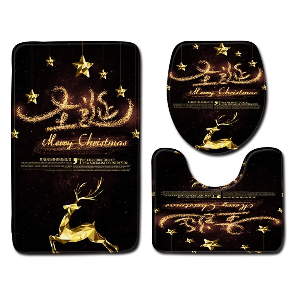 Christmas Toilet seat Cover 3pcs Set Bathroom Mat Home  Absorbent Door mats washroom Decoration Carpet Printing Flannel Rug