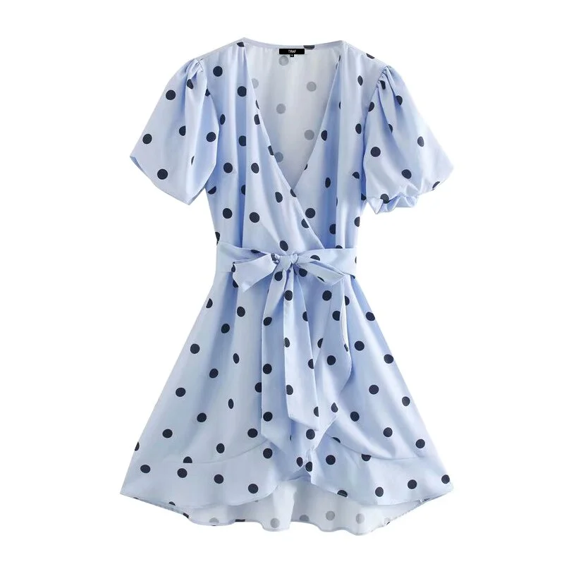 TRAF Women Chic Fashion Polka Dot With Belt Wrap Mini Dress Vintage V Neck Puff Sleeve Female Dresses Vestidos Mujer