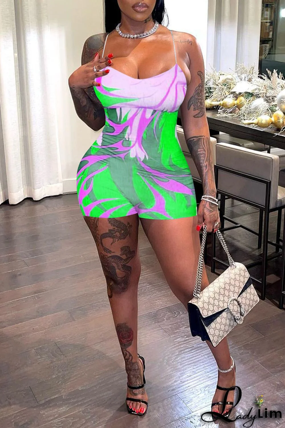 Green Sexy Print Patchwork Spaghetti Strap Regular Jumpsuits