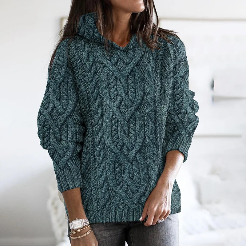 Women's Thick Knitted Hemp Pattern Hooded Sweater