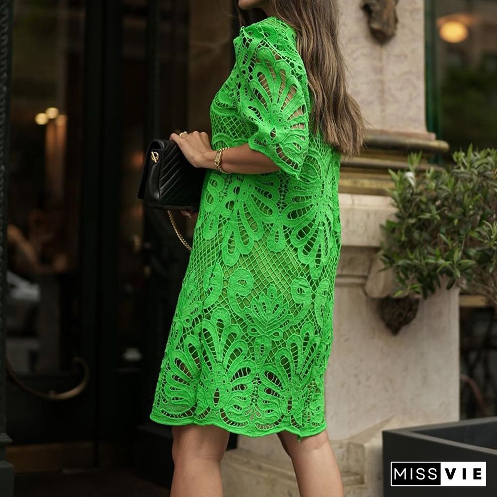 New Fashion Petal Collar Lace Mini Party Dress Sexy Solid Half sleeve Hollow Out Elegant