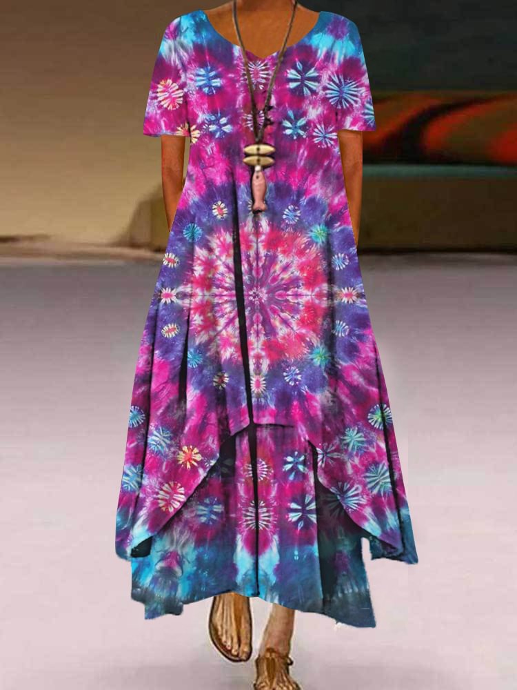 Fashion Round Neck Short Sleeve Print Plus Size Maxi Dress P181145031
