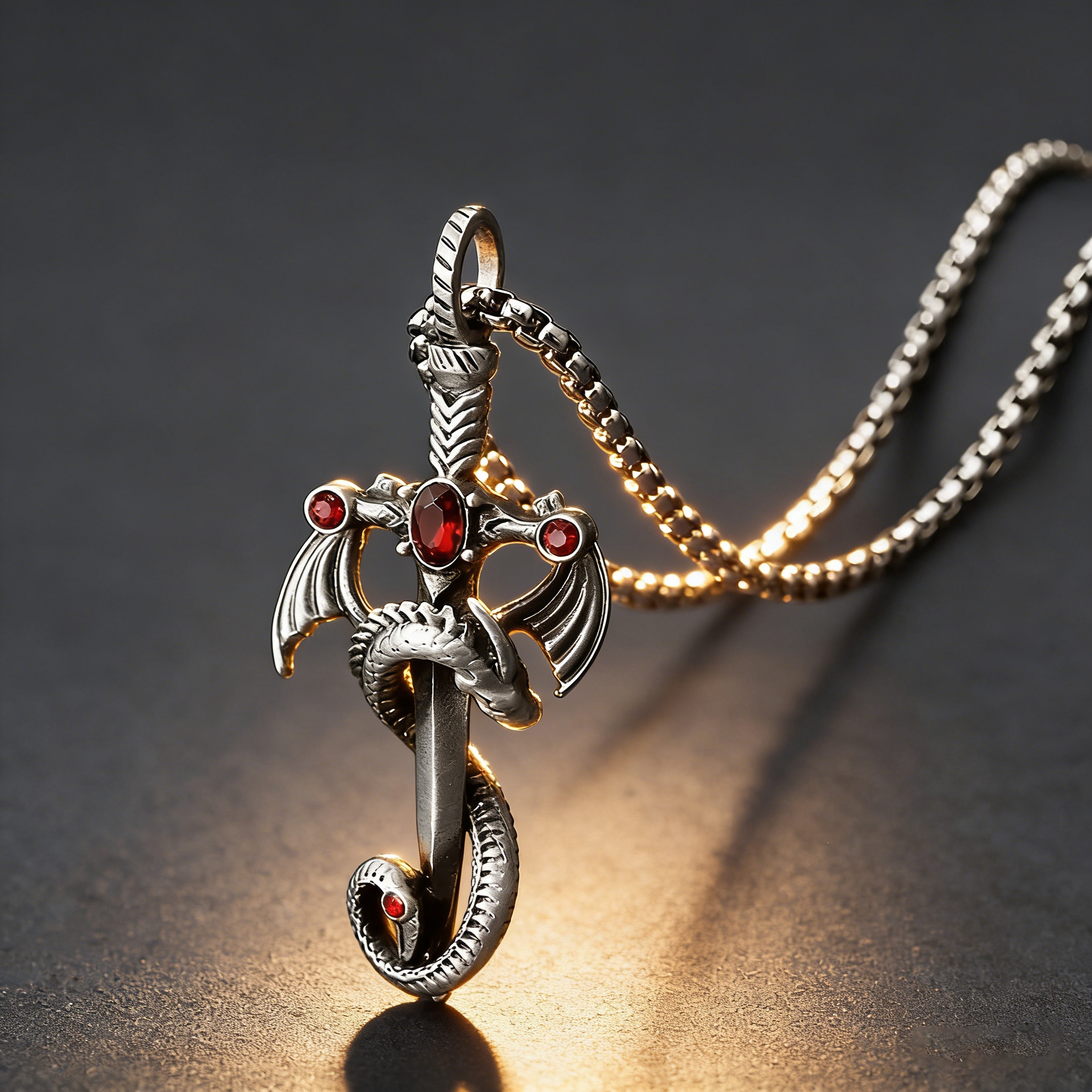 Pure Pewter Vintage Dragon Sword with Ruby Pendant Necklace 