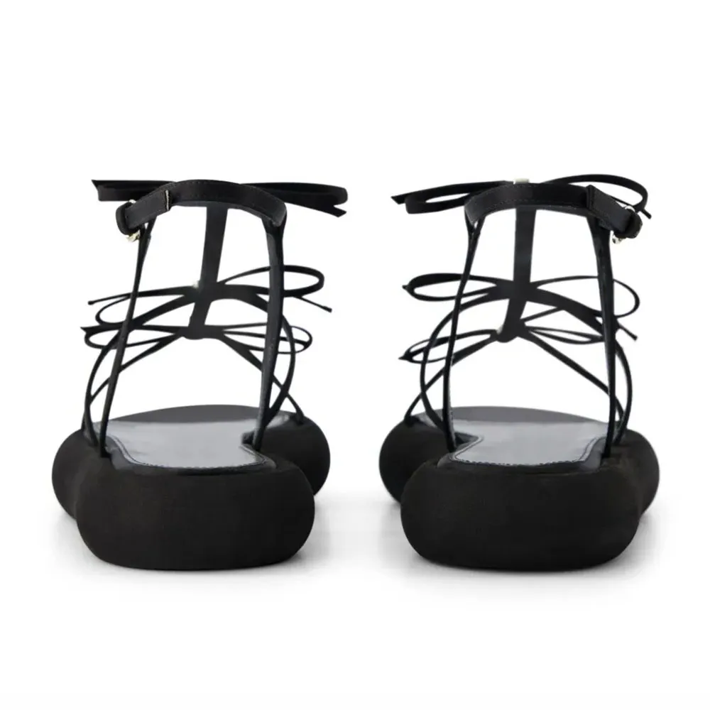 Black Round Toe Buckle Ankle Strap Rhinestone Bow Platform Sandals
