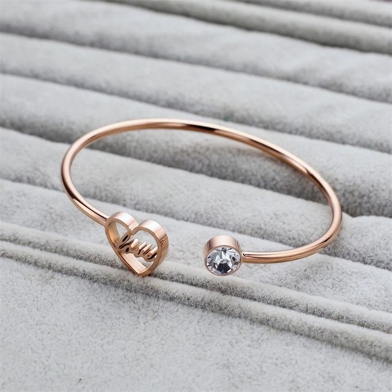 Casual Minimalist Classic Style Love Heart Shape Stainless Steel Titanium Steel Zircon Cuff Bracelets In Bulk
