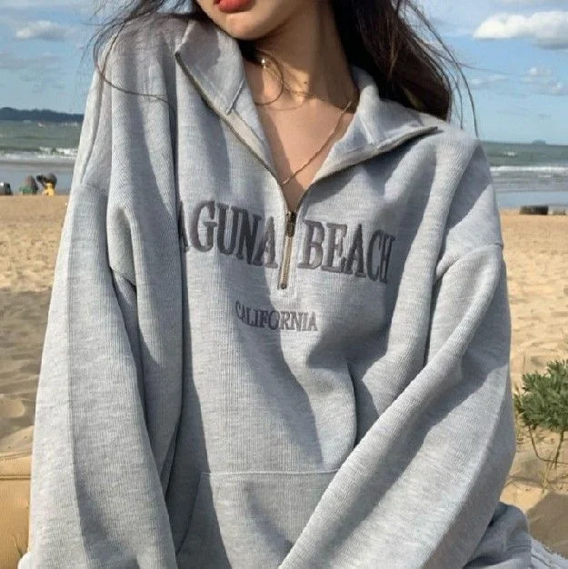 Zip-Collar Oversized Letter Print Sweatshirt YP666