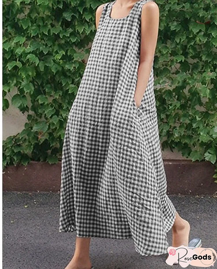 Cotton Plaid Loose Casual Sleeveless Dress Woman Linen