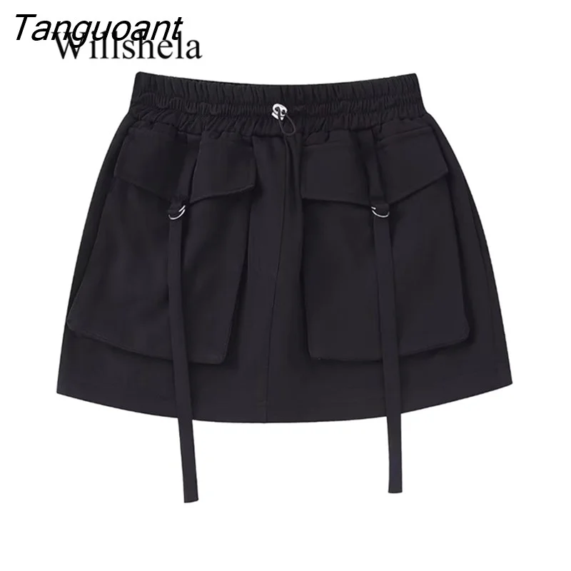 Tanguoant Women Fashion With Pockets Solid Mini Skirt Vintage High Elastic Waist Female Chic Lady Skirts Mujer Outfits