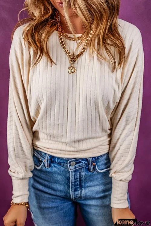 Ribbed Round Neck Long Sleeve Blouse