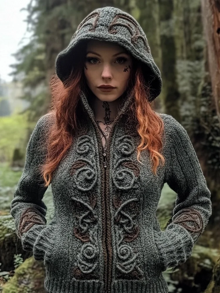 Vintage Irish Celtic Jacquard Cozy Chunky Hooded Cardigan
