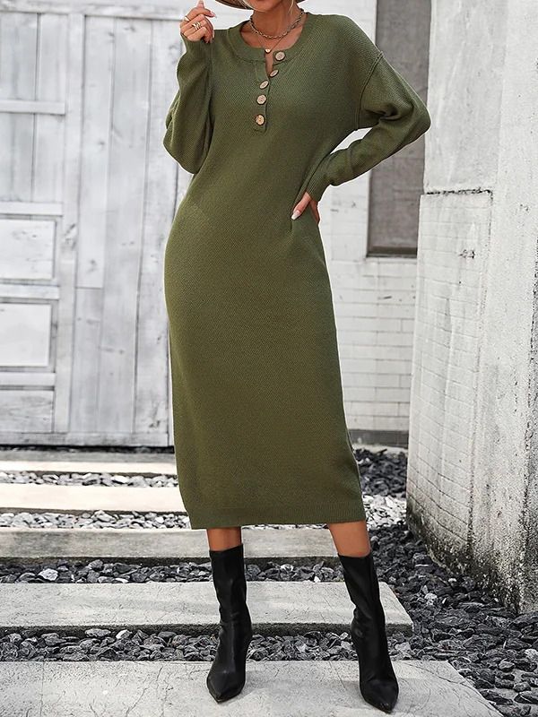 Long Sleeves Loose Buttoned Split-Joint Round-Neck Midi Dresses Sweater Dresses