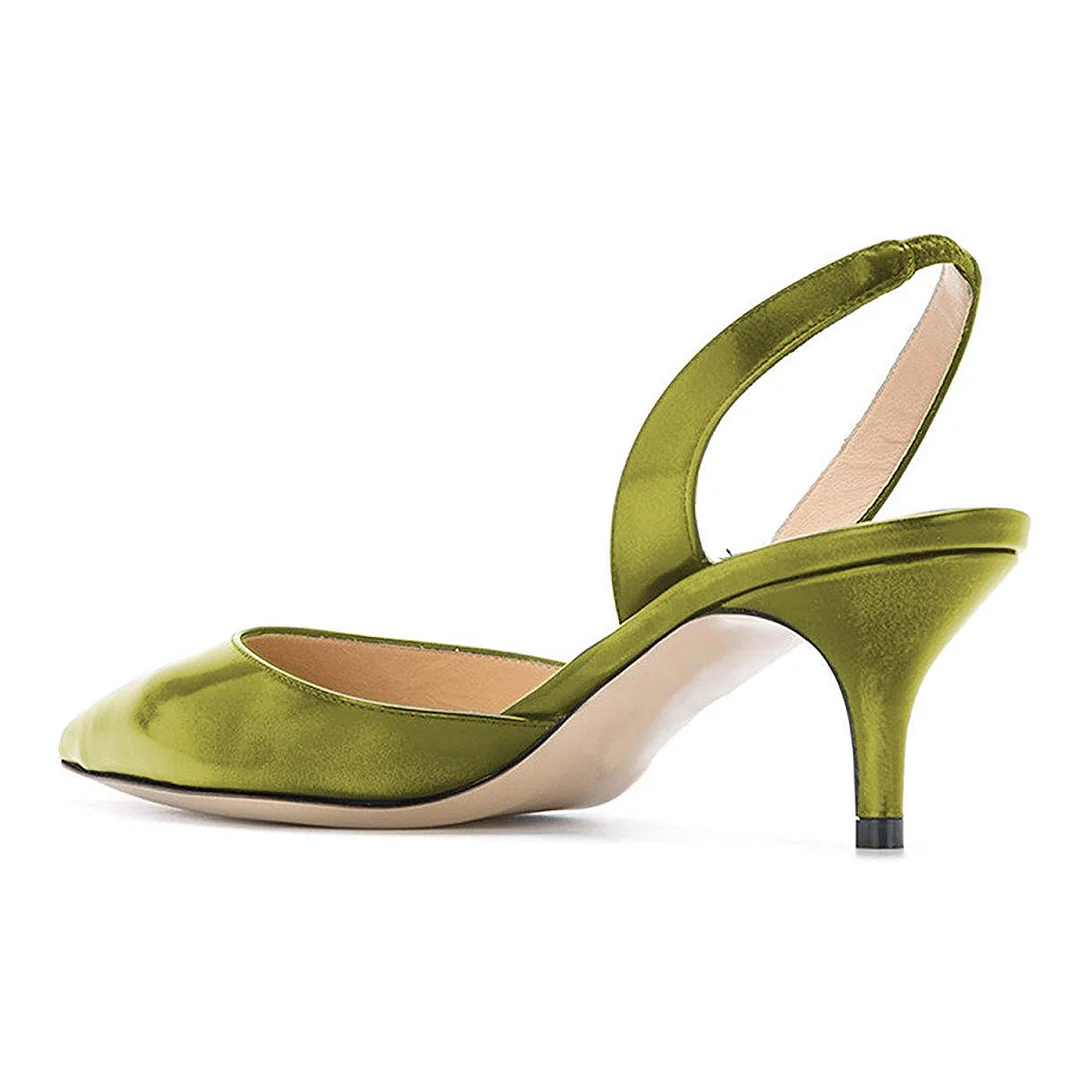 Olive Patent Leather Pointed Toe Slingback Kitten Heel Pumps