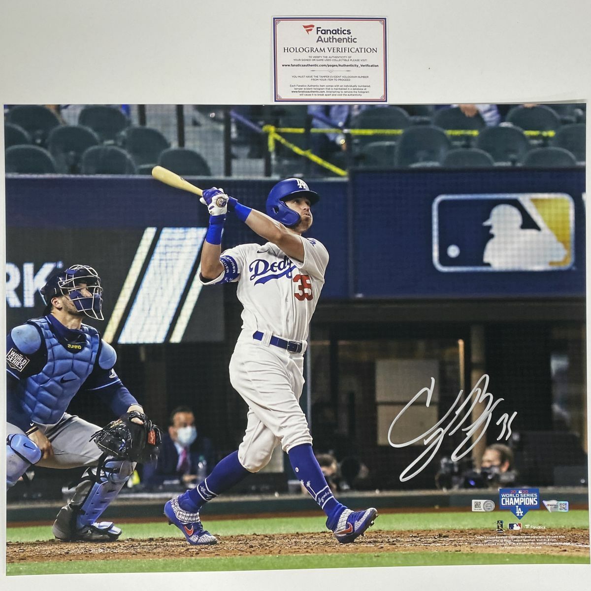 Autographed/Signed CODY BELLINGER 2020 World Series 16x20 Photo Poster painting Fanatics COA