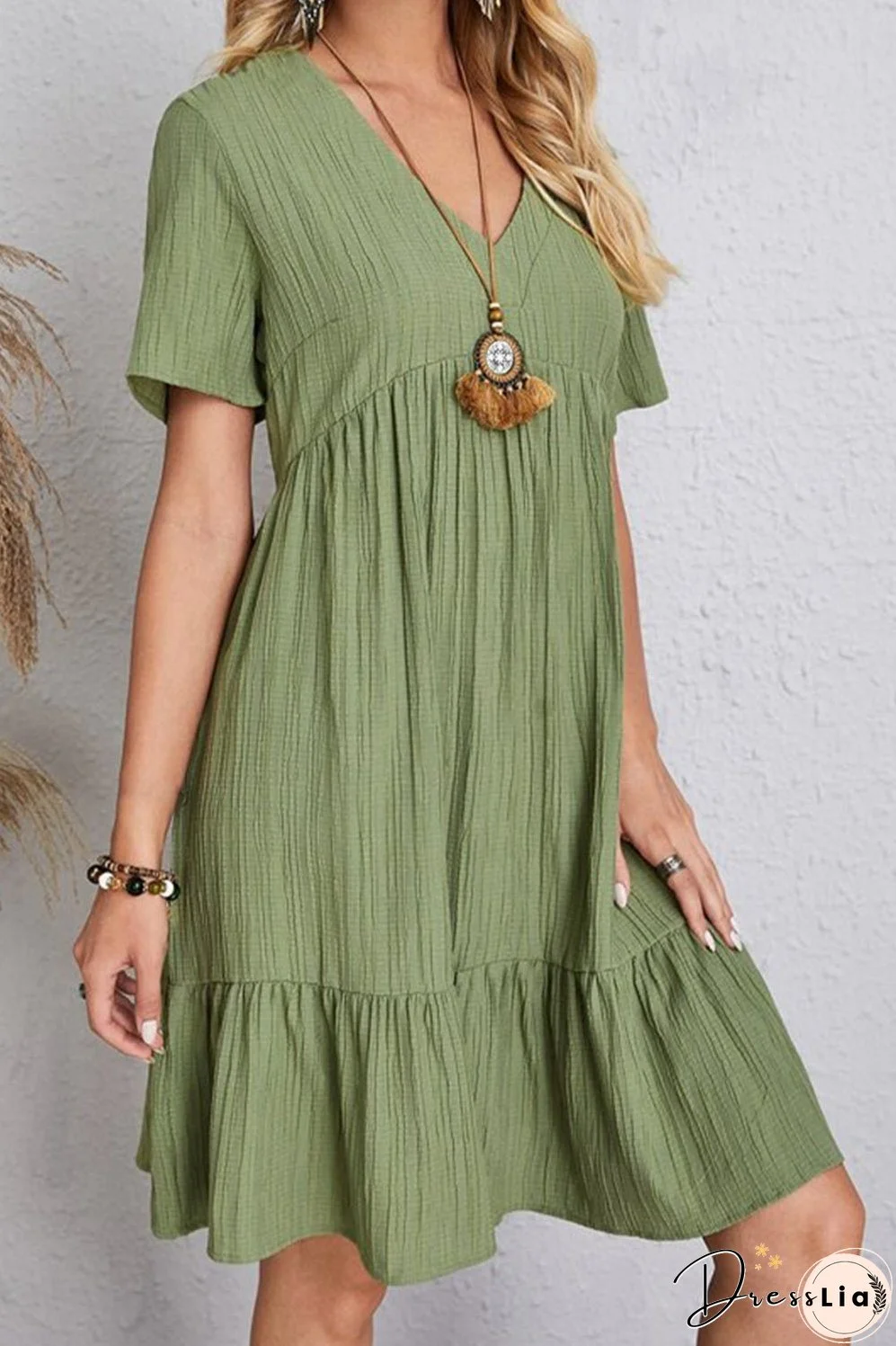 Full Size Ruched V-Neck Short Sleeve Dress