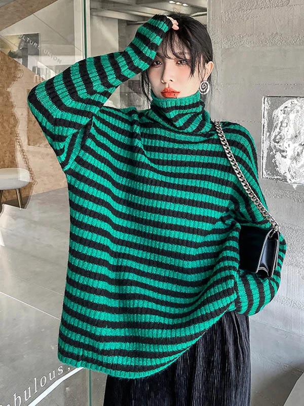 Casual Roomy Striped High-Neck Long Sleeves Sweater Top