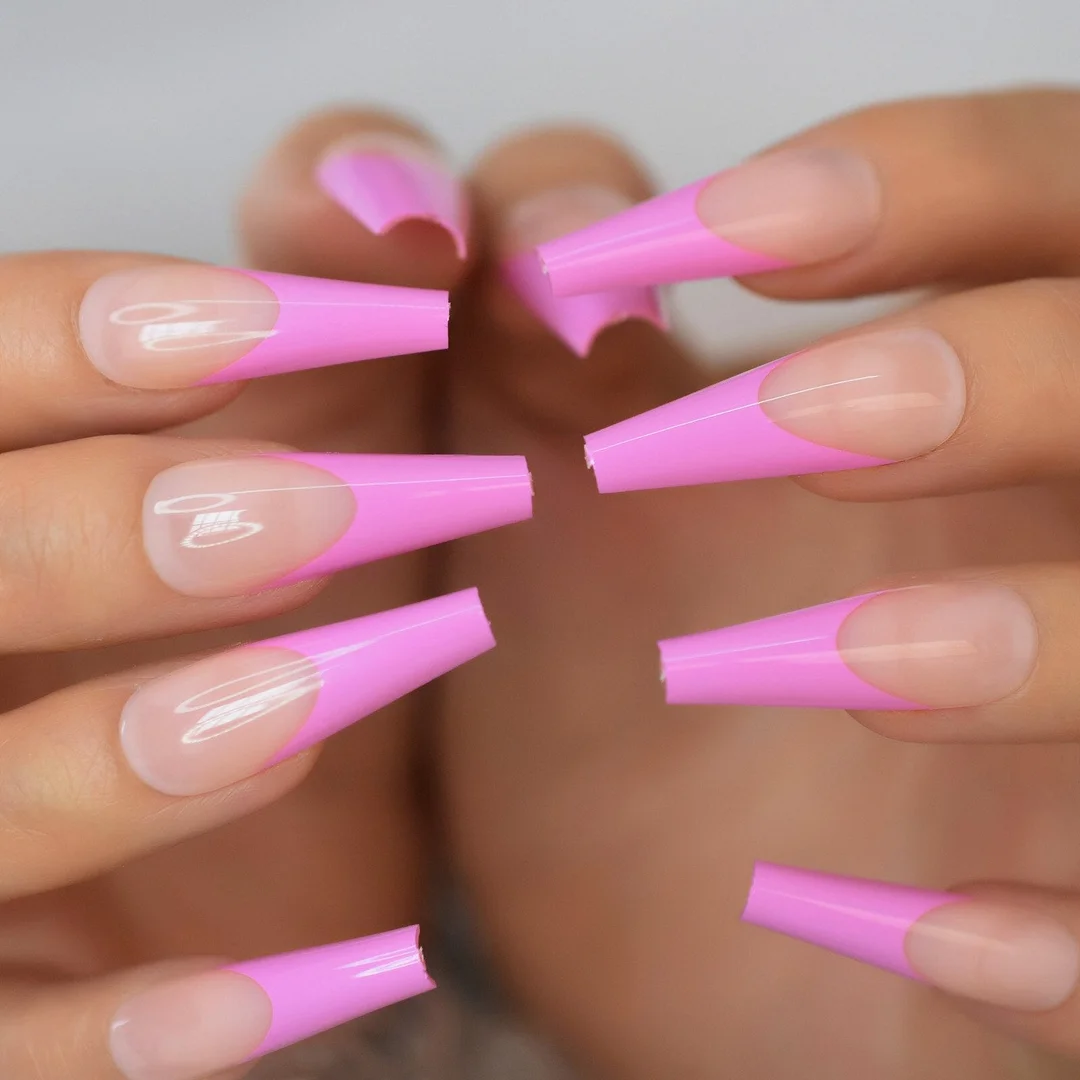 Ombre French Tip Extra Long Ballerina Shape False Press on Natural Nails White Gradient Nude Coffin Tips with Adhesive Tabs 24-Nail Inspo