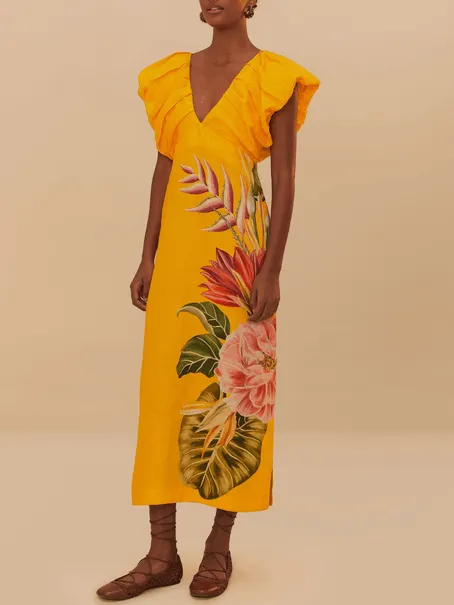 V-neck Pleated Print Dress