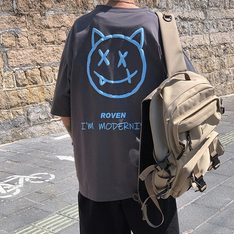Hong Kong style smiley face print short-sleeved T-shirt couples hip-hop European and American half-sleeved top Techwear Shop