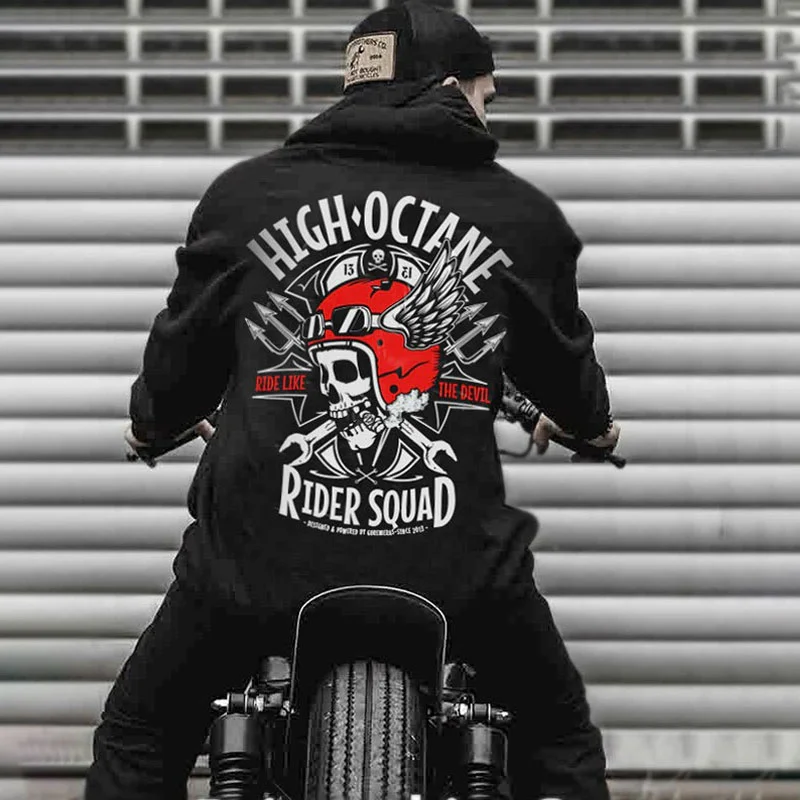 HIGH OCTANE Skull with Helmet Black Print Hoodie