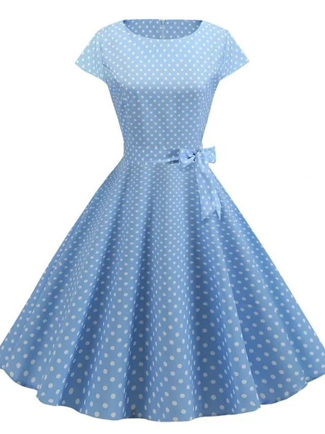 Women‘s Party Dress Swing Dress Midi Dress Light Blue Short Sleeve Polka Dot Print Spring Summer Crew Neck 1950s Party 2023 Style S M L XL XXL | IFYHOME