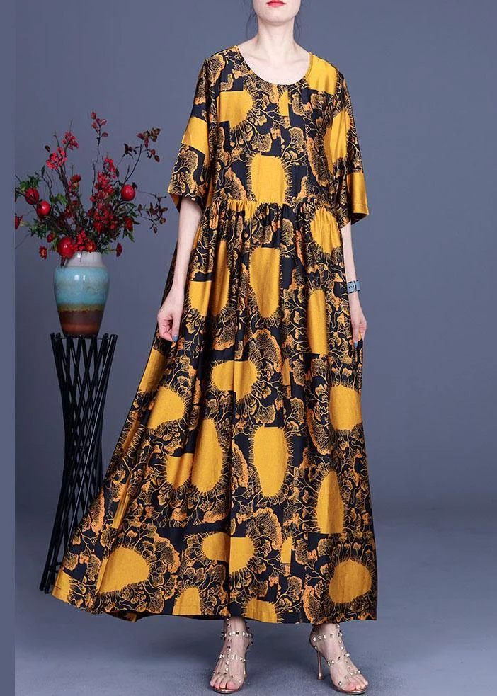 Loose Yellow Print Silk Loose Ankle Dress Summer