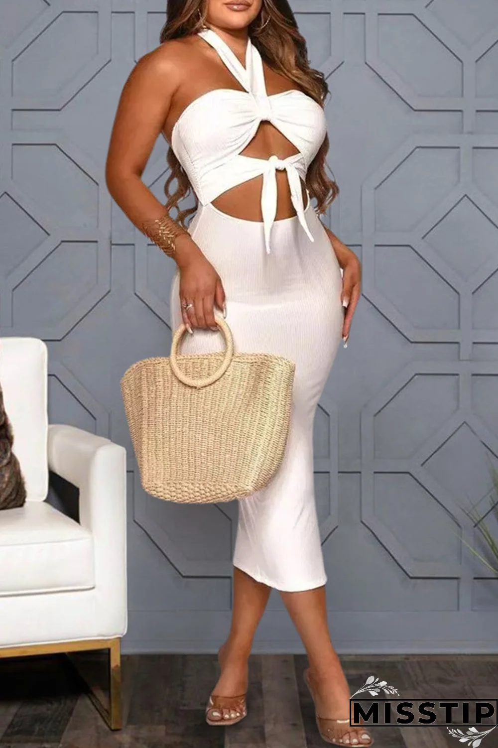 White Fashion Sexy Solid Hollowed Out Backless Halter Strapless Dress