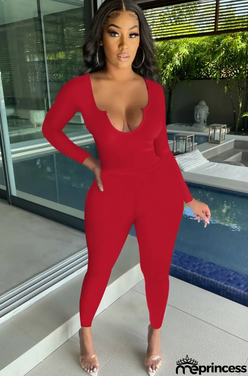 Fall Sexy Red U Neck Slim Top and Matching Pant Set