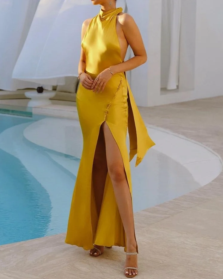 Elegant One Shoulder Solid Color Slit Dress