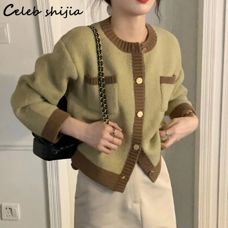 UForever21 Back to School Green Chic Woolen Cardigan Women Golden Button 2022 Autumn Elegant Sweater Coat Female Winter Business OL Knitted Cropped Tops