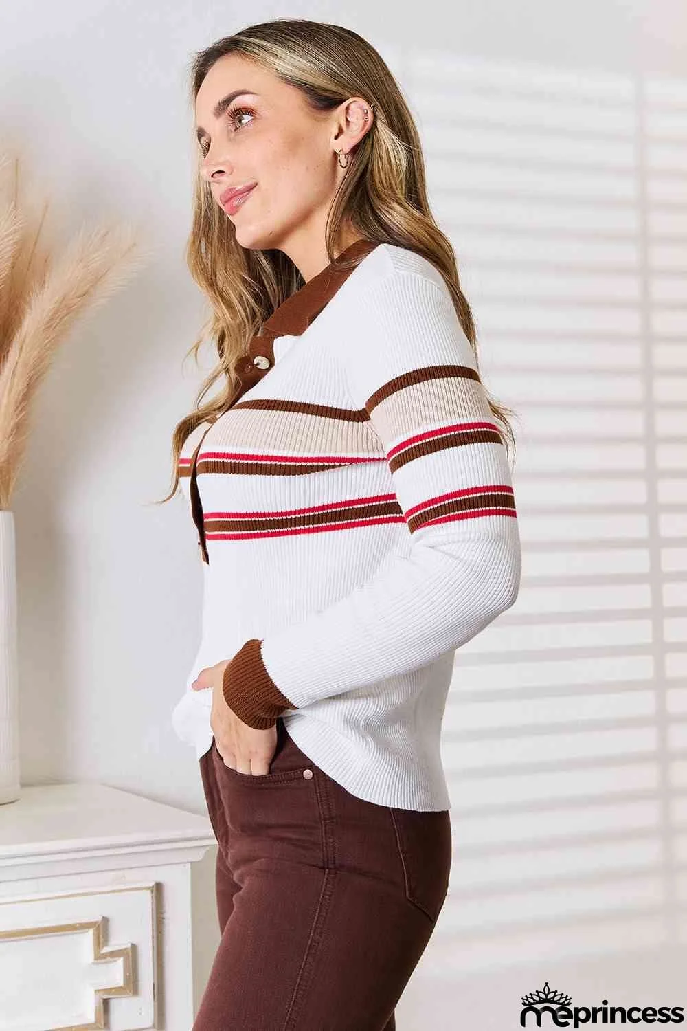 Basic Bae Striped Collared Neck Rib-Knit Top