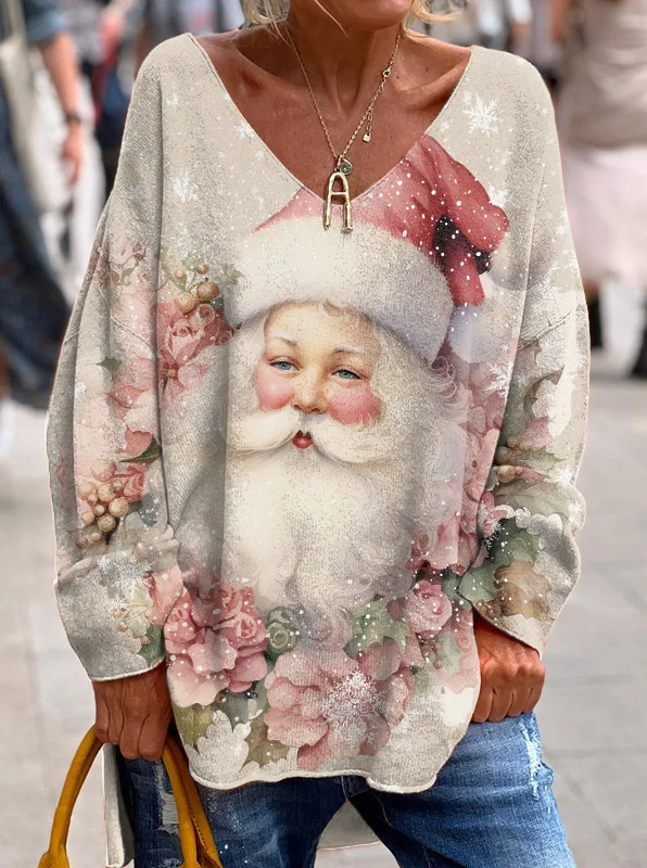 Vintage Christmas Pink Santa Floral Print V Neck Top
