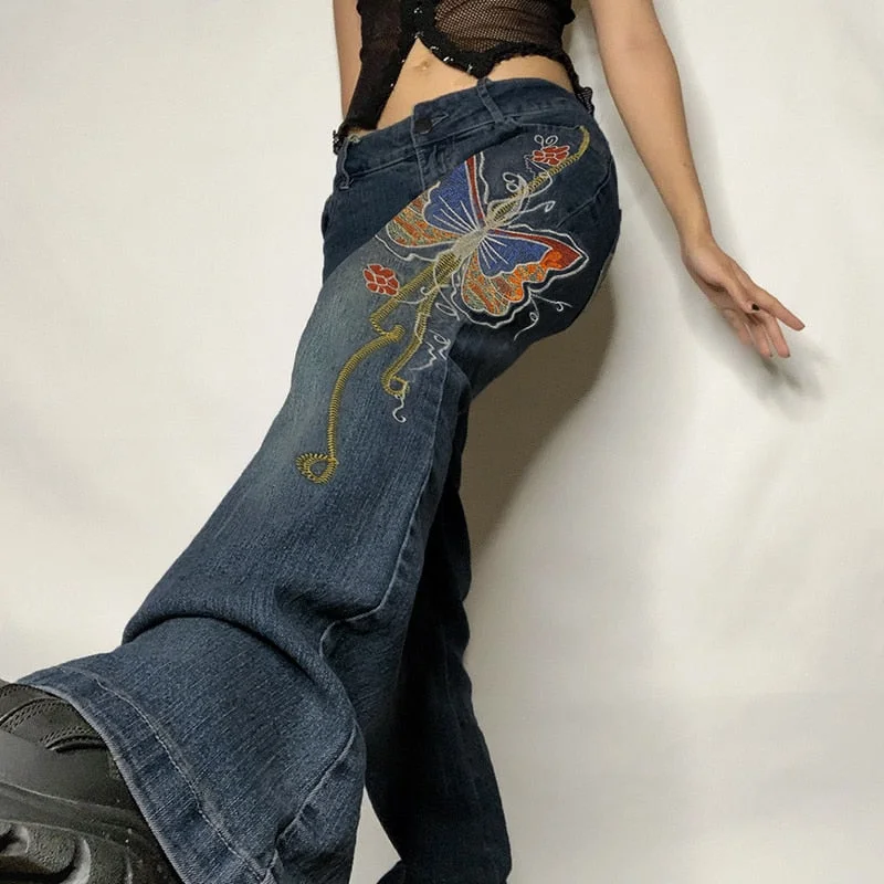 Rapcopter Butterfly y2k Jeans Vintage Cute Flare Pants Grunge Fairycore Korean Chic Aesthetic Trousers Women Streetwear Jeans