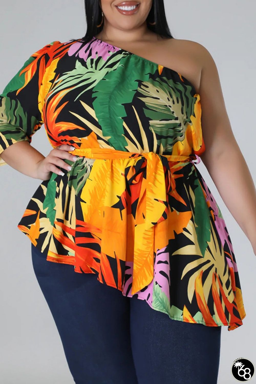 Black Yellow Casual Print Backless Oblique Collar Plus Size Tops | 168DEAL