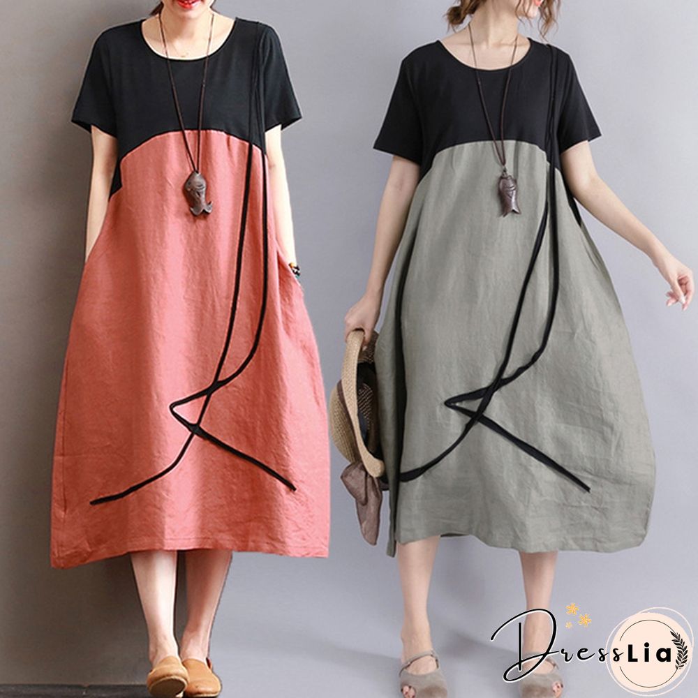 Boho Vintage Women Pullover Loose Patchwork Maxi Long Dress Casual Baggy Vestidos Robes