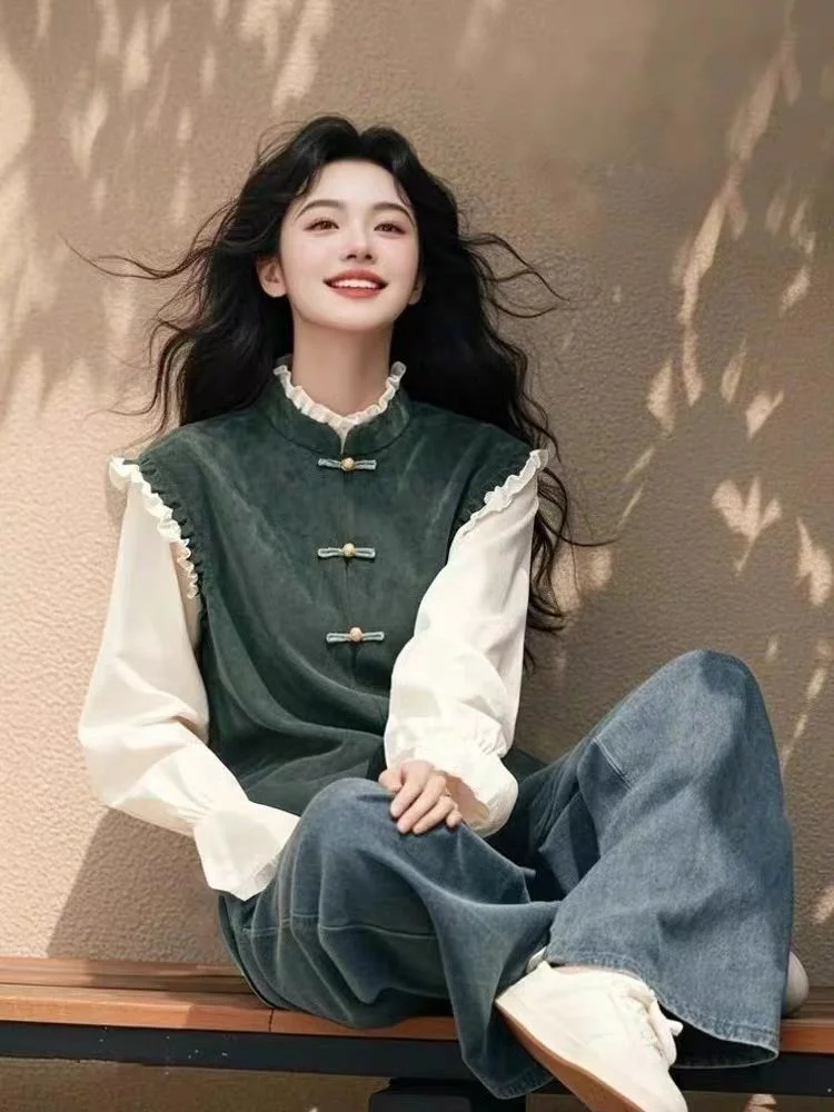 Athvotar Athvotar Chinese Green Fake Two-Piece Buckle Long-Sleeved Shirt Woman In The Spring Of 2025 New National Style Unique Special Top