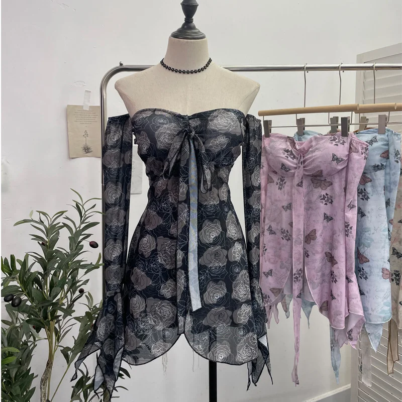 Uveng Horn Long Sleeve Bra Strap Bow With Chest Cushion Net Yarn Irregular Open Fork Tat 6612