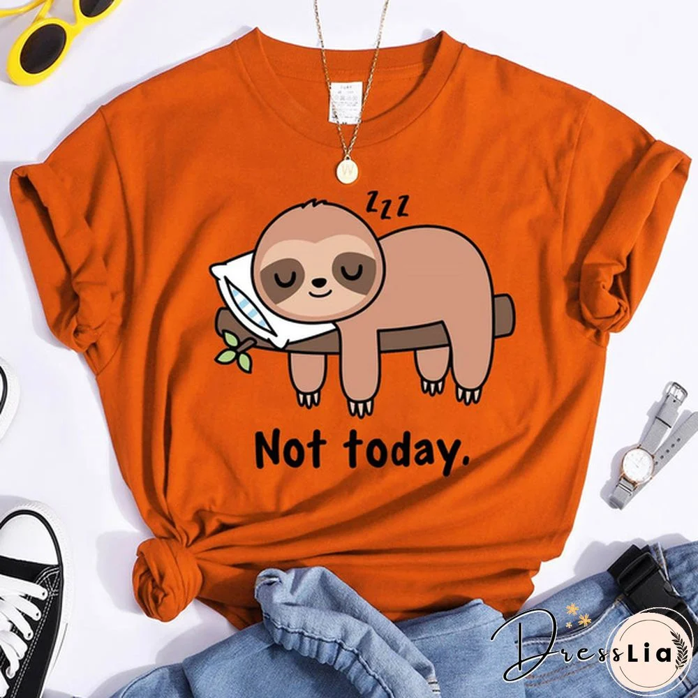 Funny Sloth Not Today Print T-shrits For Women Summer Short Sleeve Round Neck Cute Loose T-shirt Creative Personalized Tops