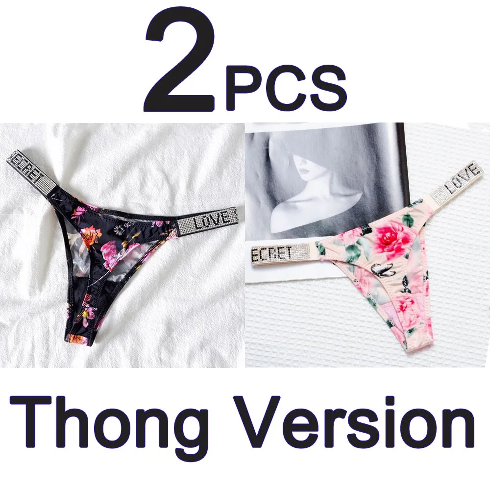 2PCS Sexy Low Waist Panties G String Comfort Satin Underwear Women Rhinestone High Fork Thong Seamless Intimates Lingerie Cotton