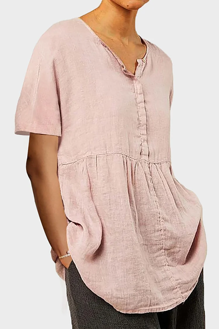 Solid Casual Short Sleeve Pleated Pink Linen Top 