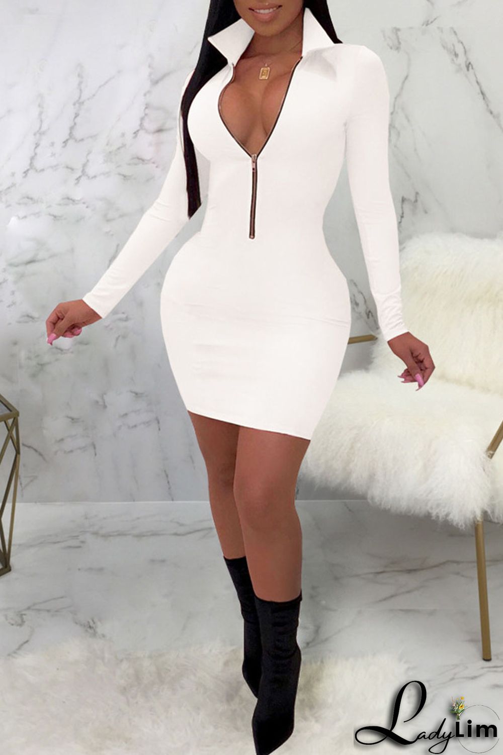 Pink Sexy Solid Split Joint Zipper Collar One Step Skirt Dresses