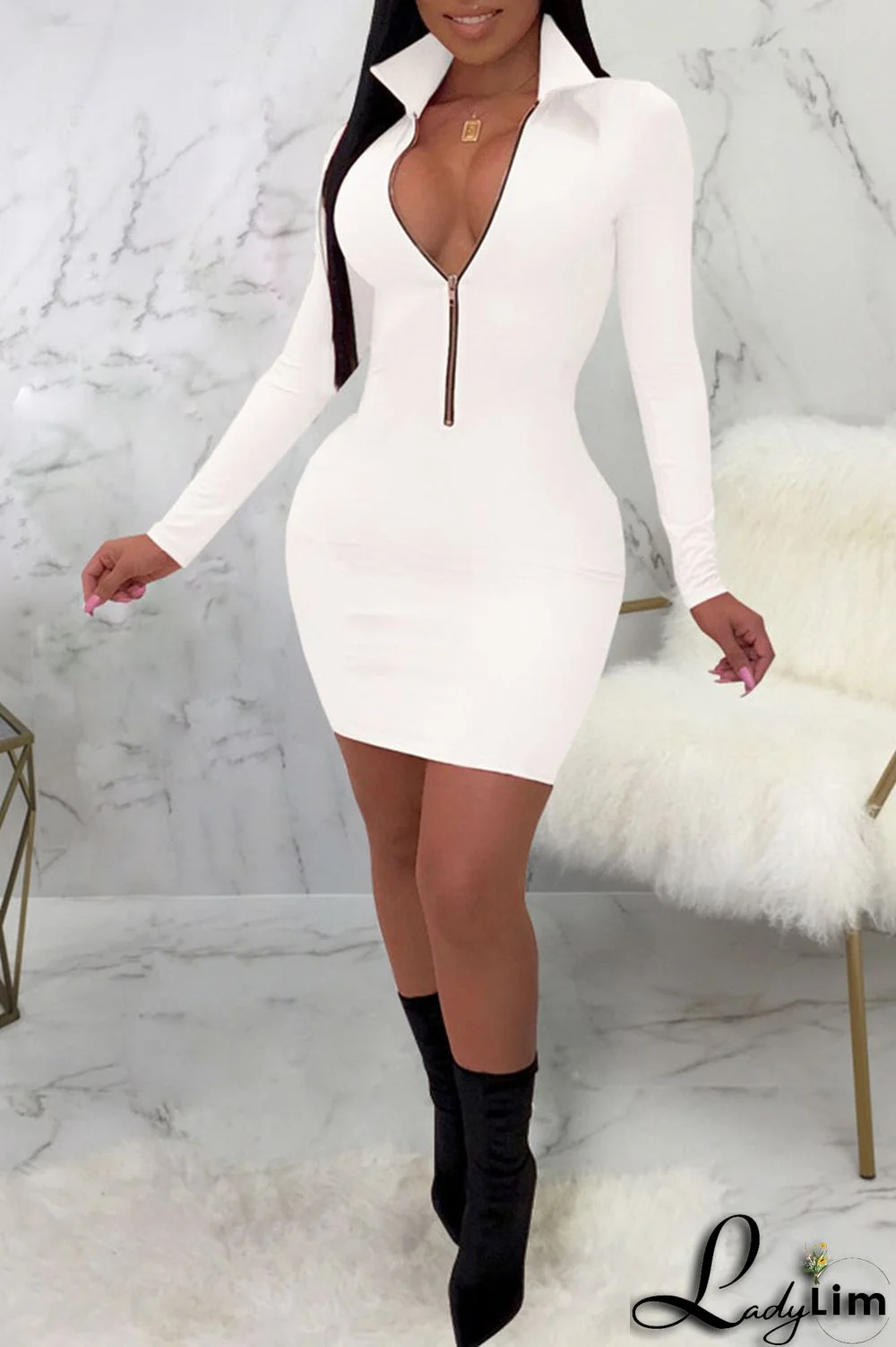 Pink Sexy Solid Split Joint Zipper Collar One Step Skirt Dresses