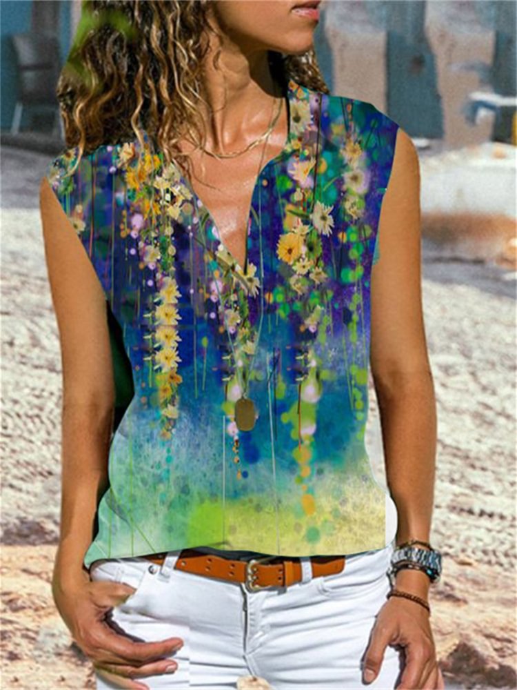 Artwishers Abstract Floral Painting Sleeveless Blouse